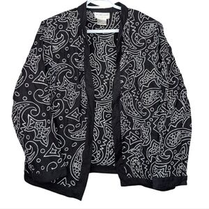 Vintage Black White Linen Blend Embroidered Open Front Cardigan Jacket Top Mediu